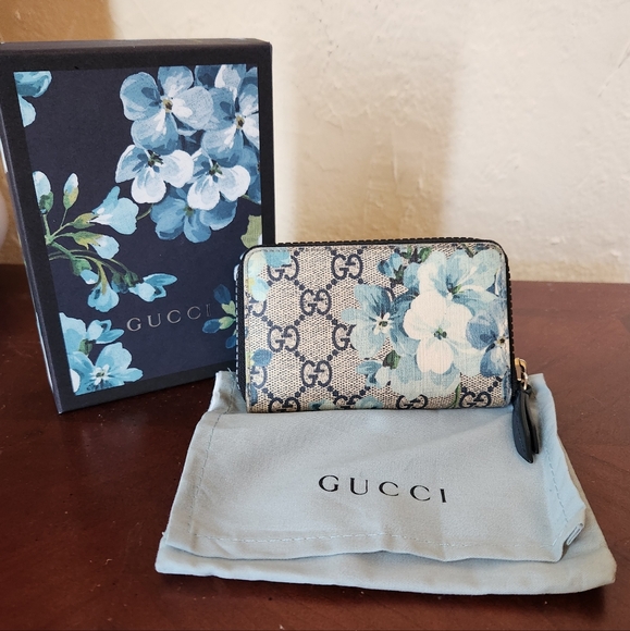 Gucci Blooms Floral Leather Blue Zip Wallet Card Case - Picture 1 of 8